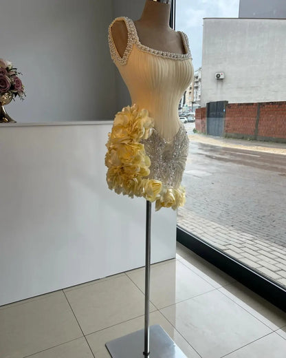 Princess Light Yellow Pearl Straps Beaded 3D Flower Skirt Short Homeco PreppyDress Princess Light Yellow Pearl Straps Beaded 3D Flower Skirt Short Homeco PreppyDress