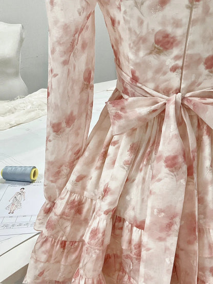 Girls Pink Square Neck Long Sleeve Printed Chiffon A-Line Homecoming Dress P3158