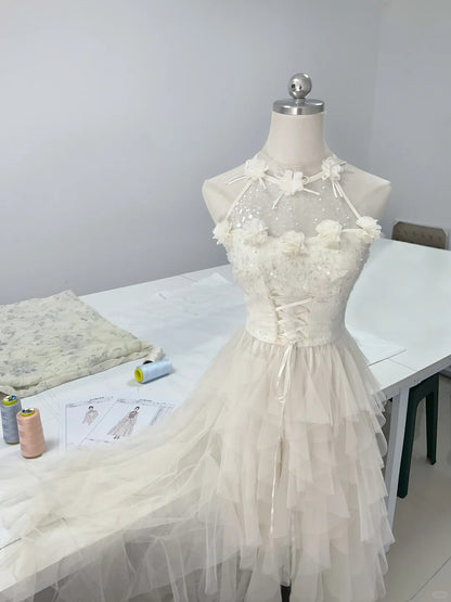 Elegant and smart white three-dimensional flower heavy sequin layered tulle homecoming dress P3159