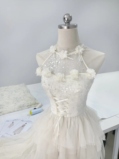 Elegant and smart white three-dimensional flower heavy sequin layered tulle homecoming dress P3159