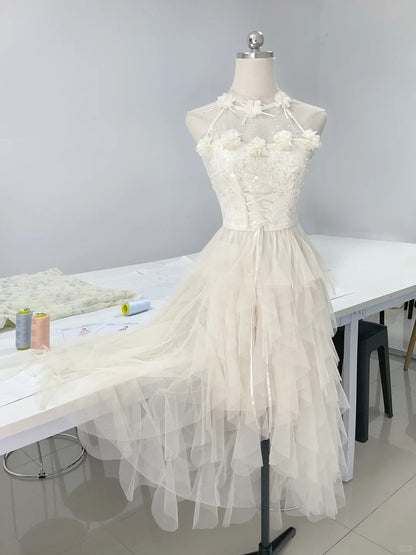 Elegant and smart white three-dimensional flower heavy sequin layered tulle homecoming dress P3159