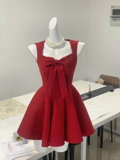 Vintage red square neck bow waist A-line homecoming dress P3163