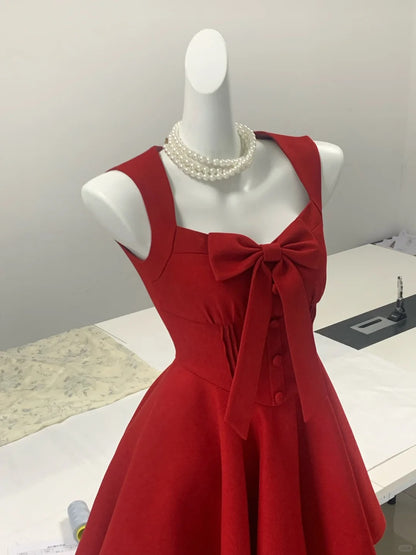 Vintage red square neck bow waist A-line homecoming dress P3163