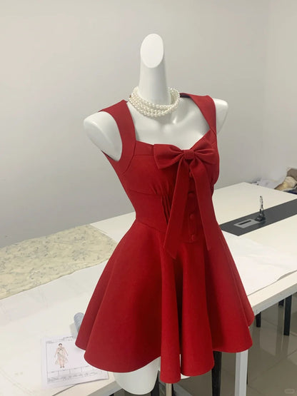 Vintage red square neck bow waist A-line homecoming dress P3163