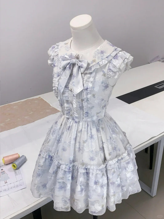 Sweet baby doll collar floral small flying sleeve puffy homecoming dress P3164
