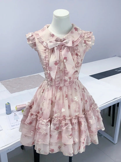 Süßes Baby-Doll-Kragenkleid mit Blumenmuster, kleinen Puffärmeln und voluminösem Schnitt für die Heimkehr P3164