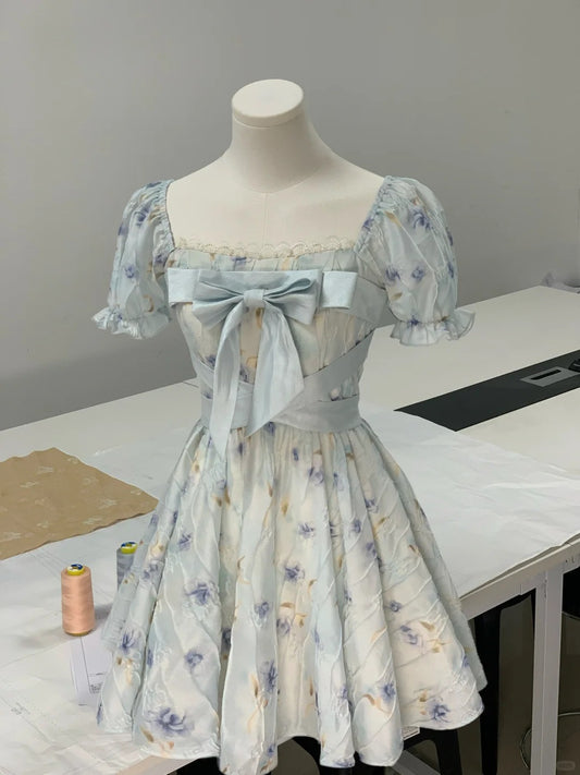 Light blue square neck rose print bow short sleeve homecoming dress P3165