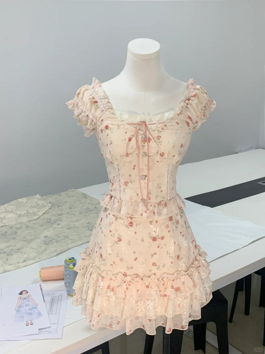 Sweet pink rose pattern A-line homecoming dress P3166