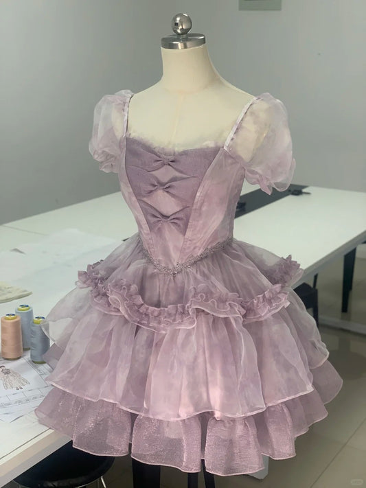 Charming Purple Short Sleeve Tulle A-Line Homecoming Dress P3167