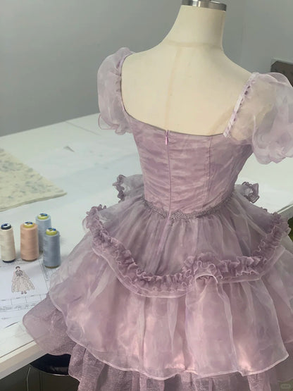 Charming Purple Short Sleeve Tulle A-Line Homecoming Dress P3167