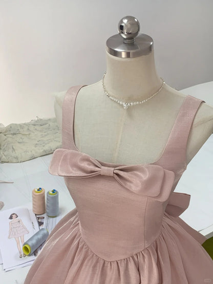 Elegant Pink Bow Satin A-Line Sleeveless Homecoming Dress P3170