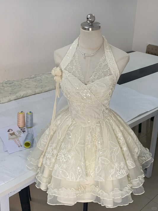 Halter neck V-neck lace sleeveless multi-layered skirt fungus lace homecoming dress P3171
