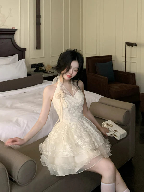 Halter neck V-neck lace sleeveless multi-layered skirt fungus lace homecoming dress P3171
