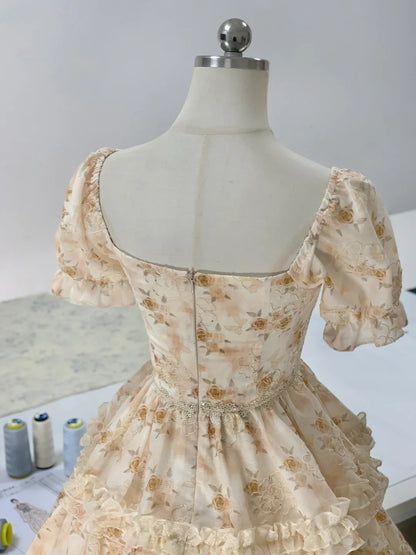 Sweet Floral Short Sleeve Mini Birthday Party Homecoming Dress P3172