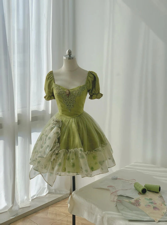 Vintage Emerald Green Short Sleeve Waisted A-Line Homecoming Dress P3173