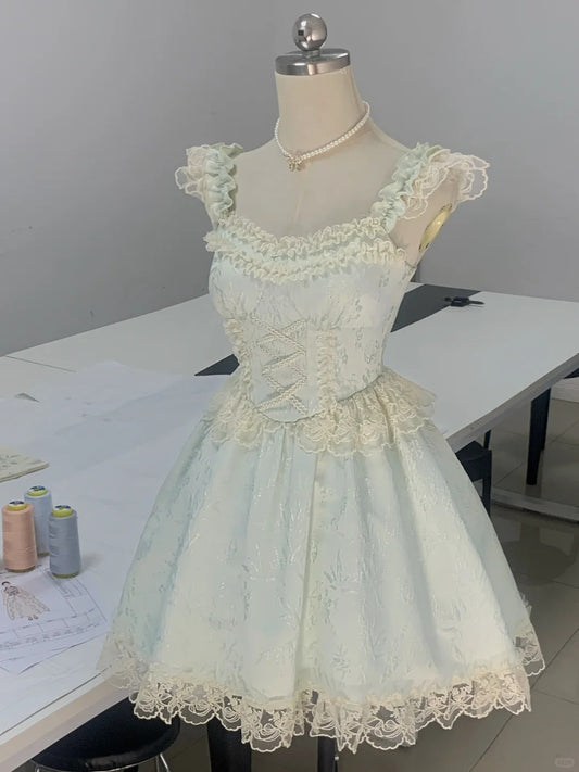 Mint green fresh skirt with dark lace trim mini homecoming P3175