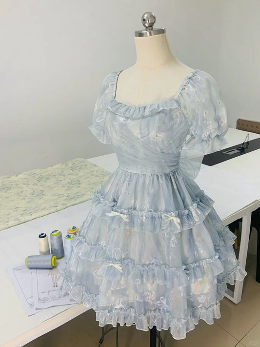 Girls blue square neck small print three-dimensional bow sweet homecoming dress P3179