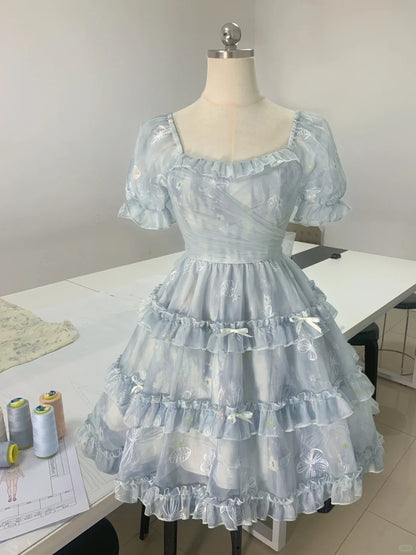 Girls blue square neck small print three-dimensional bow sweet homecoming dress P3179
