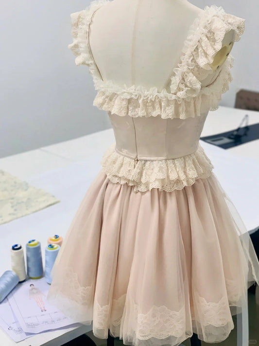 Sweet Princess Satin Splicing Fungus Lace Edge Waist Puffy Homecoming Dress P3180