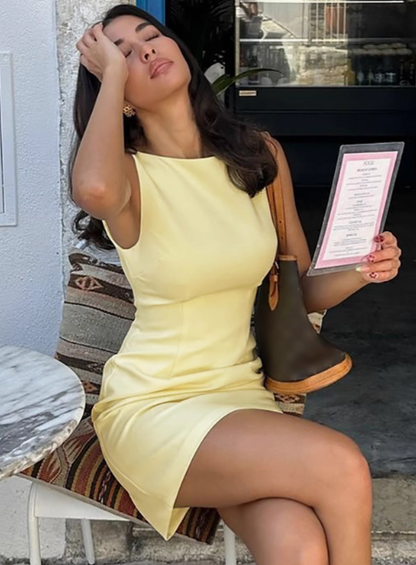 Robe évasée simple sans manches jaune d'oie, robe de fête d'anniversaire, robe de bal P3211