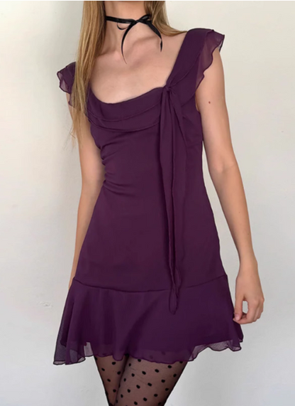 Robe de soirée charmante en mousseline violette à col carré, volants et ourlet irrégulier P3213