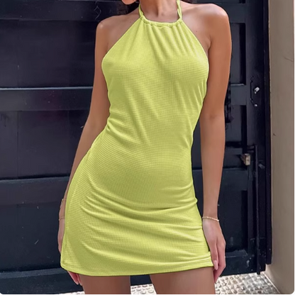 Robe de soirée sexy P3219 bustier licou sans manches jaune vert dévoilant les hanches