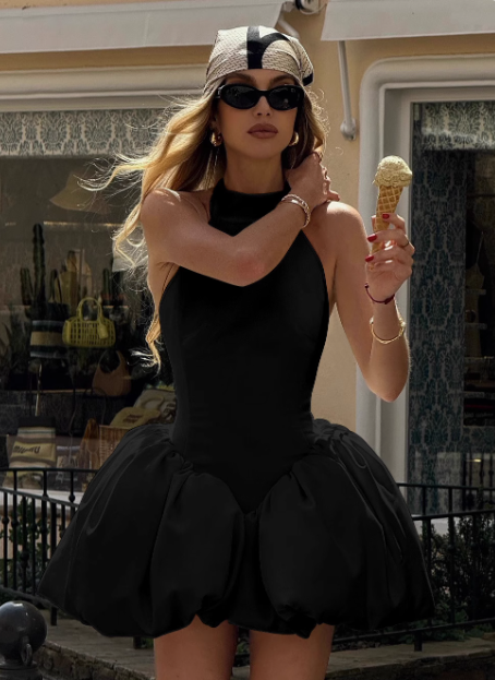 Simple halterneck sleeveless backless puffy homecoming dress P3238