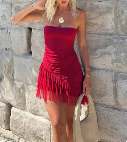 Sexy schulterfreies Tube-Top mit elastischem, schlankem Mesh-Spleißen und asymmetrischem Saum, Abschlussballkleid P3240