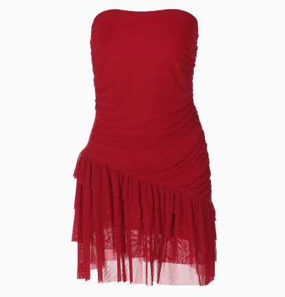 Sexy schulterfreies Tube-Top mit elastischem, schlankem Mesh-Spleißen und asymmetrischem Saum, Abschlussballkleid P3240
