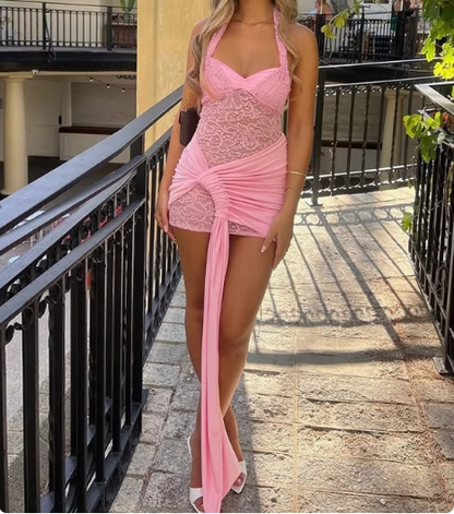 Sexy, rückenfreies Neckholder-Kleid mit Spitzendetails für Geburtstagsfeiern und Homecoming P3242