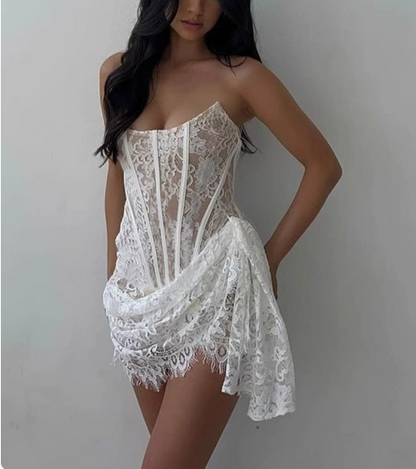 Spitzen-Fischgrätmuster One-Shoulder Tube Top Enges Kleid für Geburtstagsparty Heimkehr P3250