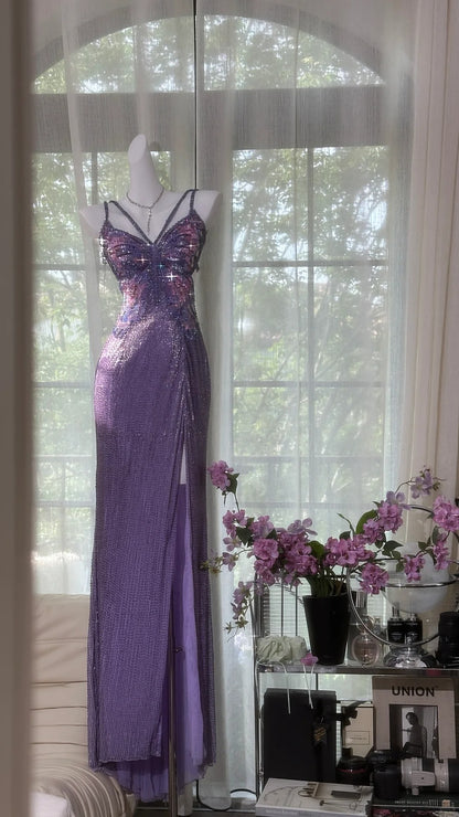 Vintage Lila Träger Chiffon Neckholder Rücken Hoher Schlitz Perlen Abendkleid Ballkleid P3251