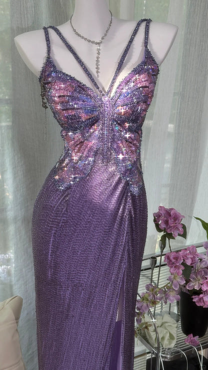 Vintage Lila Träger Chiffon Neckholder Rücken Hoher Schlitz Perlen Abendkleid Ballkleid P3251