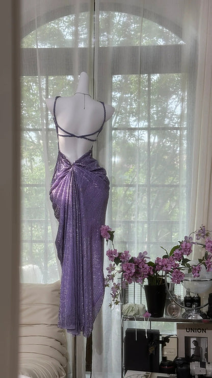 Vintage Lila Träger Chiffon Neckholder Rücken Hoher Schlitz Perlen Abendkleid Ballkleid P3251