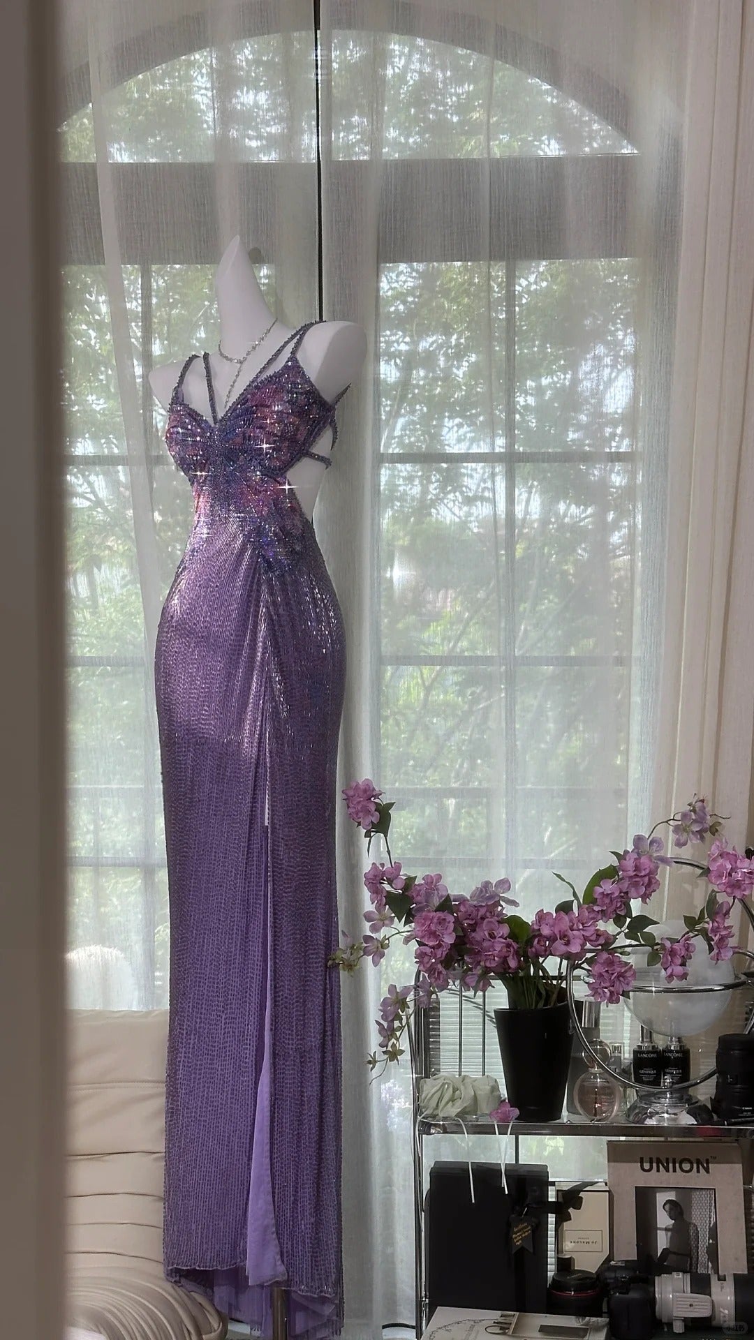 Vintage Purple Strap Chiffon Halter Back High Slit Beaded Evening Gown PreppyDress Vintage Purple Strap Chiffon Halter Back High Slit Beaded Evening Gown PreppyDress