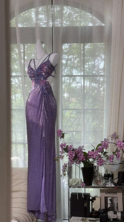 vintage purple prom dress Vintage Purple Strap Chiffon Halter Back High Slit Beaded Evening Gown –  PreppyDress