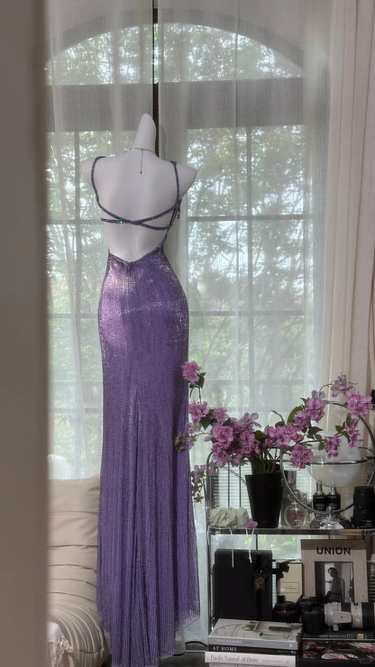 Vintage Lila Träger Chiffon Neckholder Rücken Hoher Schlitz Perlen Abendkleid Ballkleid P3251