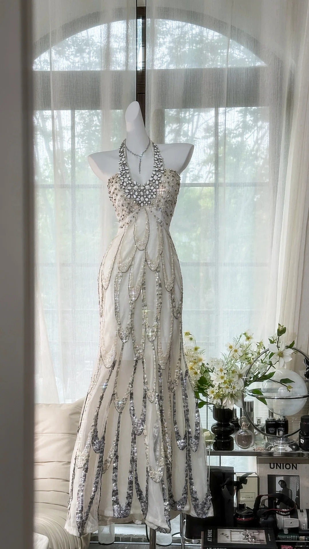 Vintage White Halter Off-The-Shoulder Beaded Prom Dress P3253