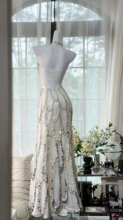 Vintage White Halter Off-The-Shoulder Beaded Prom Dress P3253 Vintage White Halter Off-The-Shoulder Beaded Prom Dress P3253