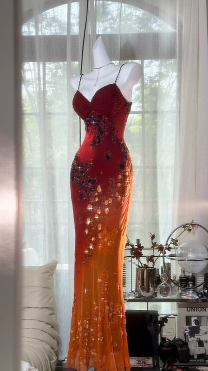 Vintage Orange Chiffon Strap Mermaid Beaded Evening Gown Prom Dress P3256 - AS PHOTO / US2 Vintage Orange Chiffon Strap Mermaid Beaded Evening Gown Prom Dress P3256 - AS PHOTO / US2