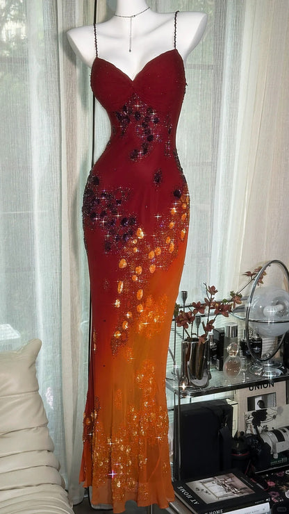 Vintage-Abendkleid aus orangefarbenem Chiffon mit Trägern, Meerjungfrauen-Schnitt und Perlenverzierung, Ballkleid P3256