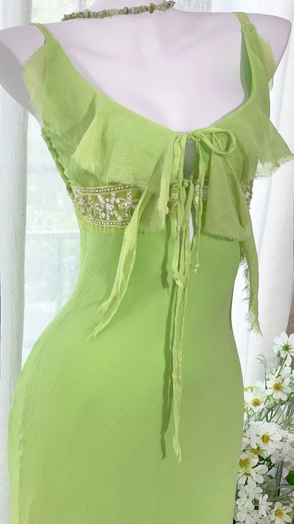 Einfaches grünes Chiffon-Meerjungfrauen-Abendkleid mit asymmetrischem Rock P3257