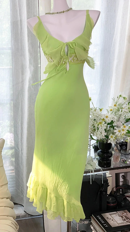 Einfaches grünes Chiffon-Meerjungfrauen-Abendkleid mit asymmetrischem Rock P3257