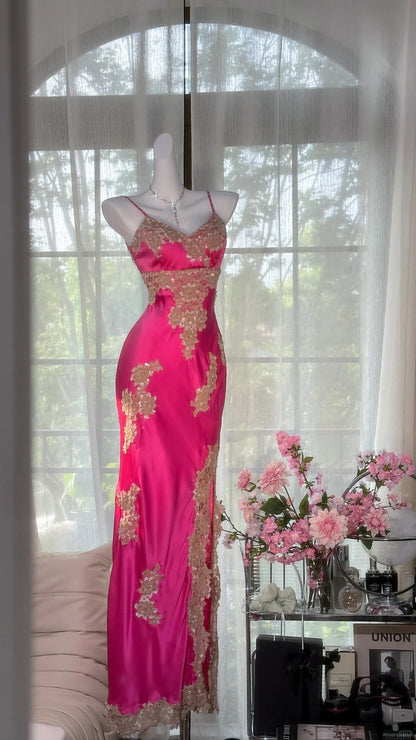 Retro Barbie Pink Lace and Satin Slit Mermaid Evening Dress Prom Dress – PreppyDress
