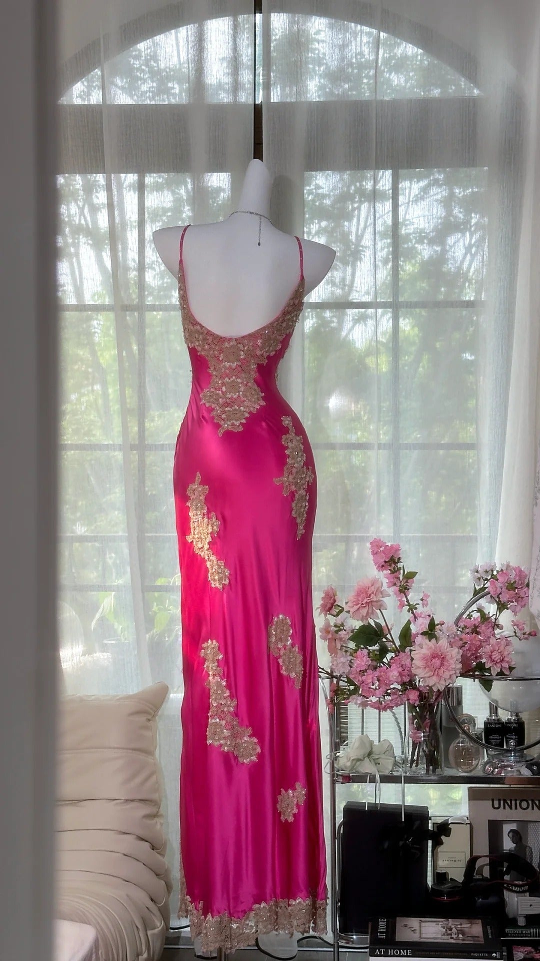 Retro Barbie Pink Lace and Satin Slit Mermaid Evening Dress Prom Dress P3258
