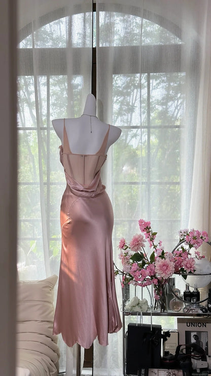 Sanftes rosafarbenes Träger-Satin-Meerjungfrauen-Abendkleid Ballkleid P3260