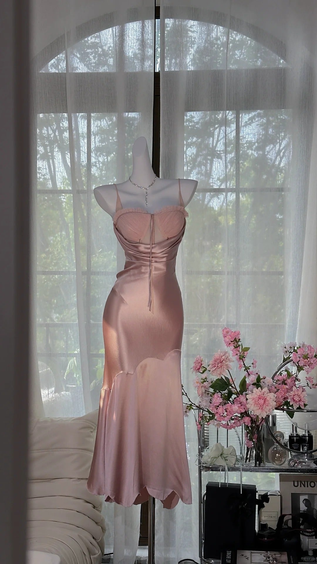 Gentle Pink Strap Satin Mermaid Evening Gown Prom Dress P3260