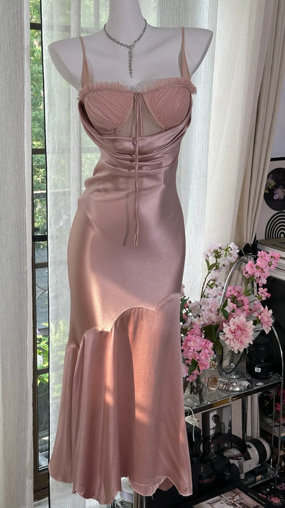 Sanftes rosafarbenes Träger-Satin-Meerjungfrauen-Abendkleid Ballkleid P3260