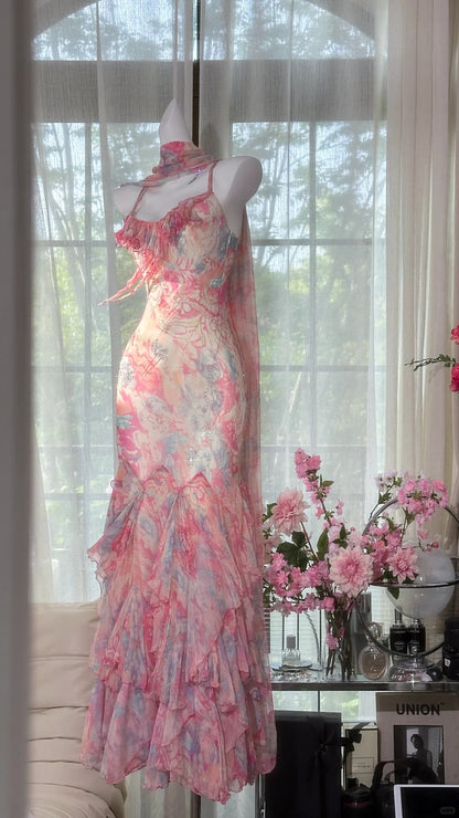 Flowy pink printed chiffon multi-layered skirt mermaid evening gown Prom Dress P3262 - AS PHOTO / US2 Flowy pink printed chiffon multi-layered skirt mermaid evening gown Prom Dress P3262 - AS PHOTO / US2