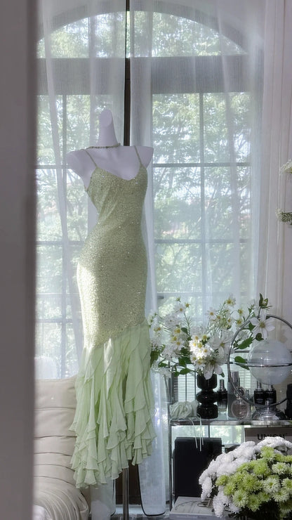Frisches grünes Perlen-Chiffon-Ballkleid mit Rüschen P3263